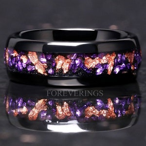 Amethyst Mens Wedding Band, Purple Ring, Black Tungsten Ring, Mens Engagement Ring, Rose Gold Foil, Dome Polish, Comfort Fit Ring for Him