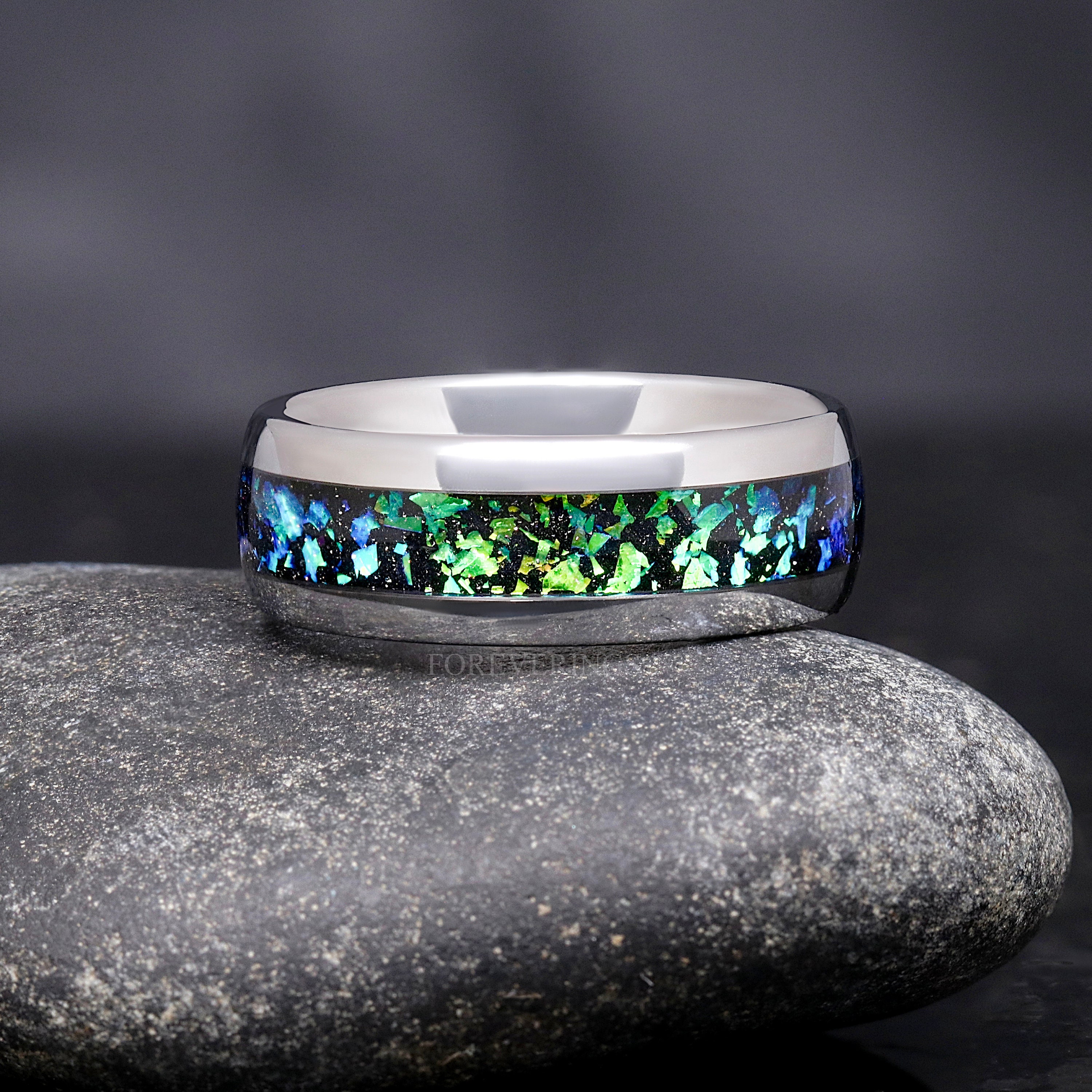 Rosette Nebula Man Wedding Band, Silver Tungsten Band, Green Space Ring ...