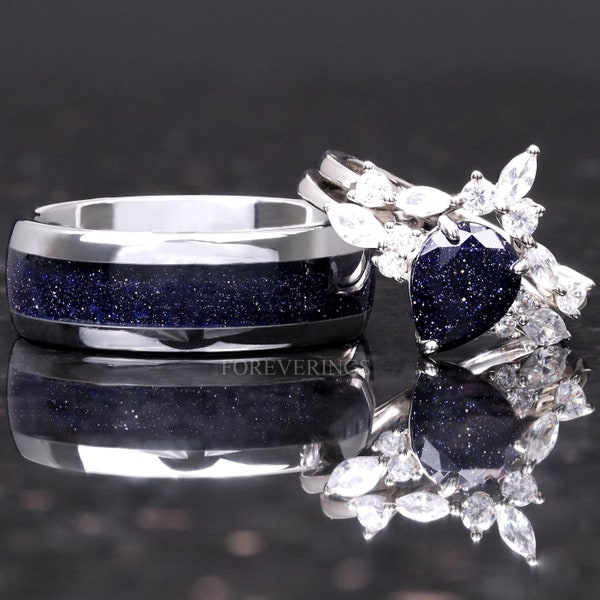 Great Rift Nebula Ring Set, His and Hers Wedding Band, Space Couples Ring, Silver Tungsten and 925 Sterling Silver Ring, Blue Sandstone Ring