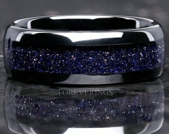 Great Rift Nebula Ring, 8mm-6mm-4mm Black Tungsten Wedding Band, Dome, Polish, Outer Space Ring, Blue Sandstone Band, Ring Engraving