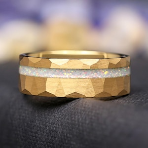 Mens Opal Wedding Band, Gold Tungsten Ring, White Fire Opal, Yellow Gold, Hammered, Flat, Brush, Comfort Fit, Man Engagement Ring, Engraving