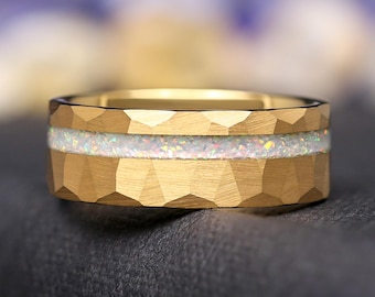 Mens Fire Opal Wedding Band, Hammered Gold Tungsten, White Opal, Comfort Fit Engagement Ring