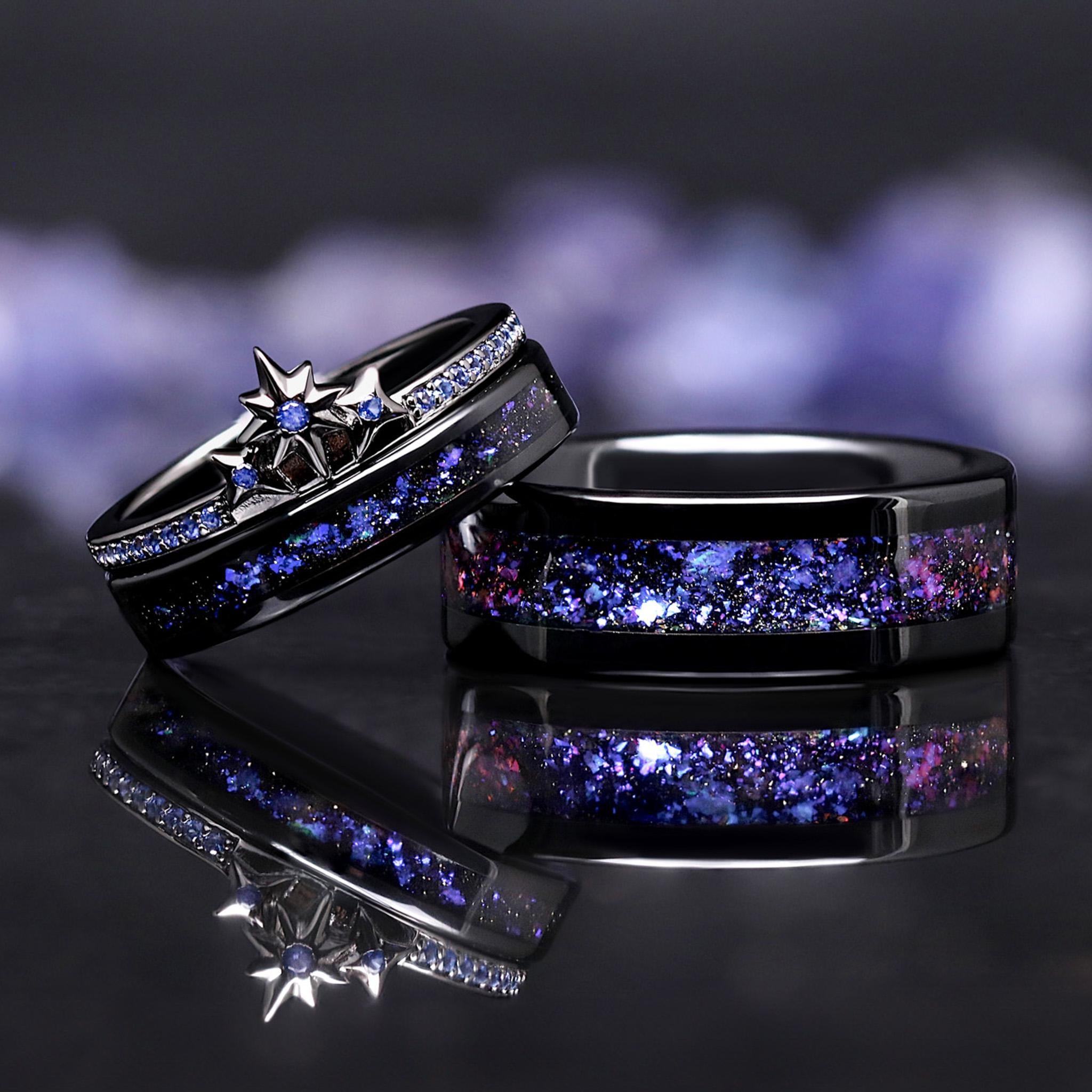 Orion Star Wedding Ring Set, Blue Nebula Sapphire Engagement Rings, His and Hers Cosmic Space Bands, Ceramic & Sterling Silver Couples Rings