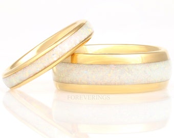 His and Hers Tungsten Wedding Band, Crushed White Fire Opal Ring, 8mm & 4mm Gold Ring Set, Couples Ring, Polish, Dome, Comfort Fit