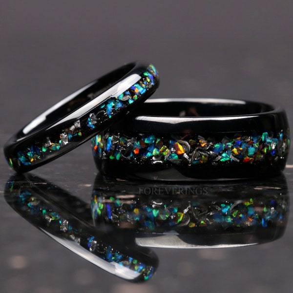 Juego de anillos de ópalo de meteorito, alianza de boda para él y para ella, juego de anillos de meteorito auténtico, tungsteno negro, anillo de promesa para pareja, juego de anillos de galaxia