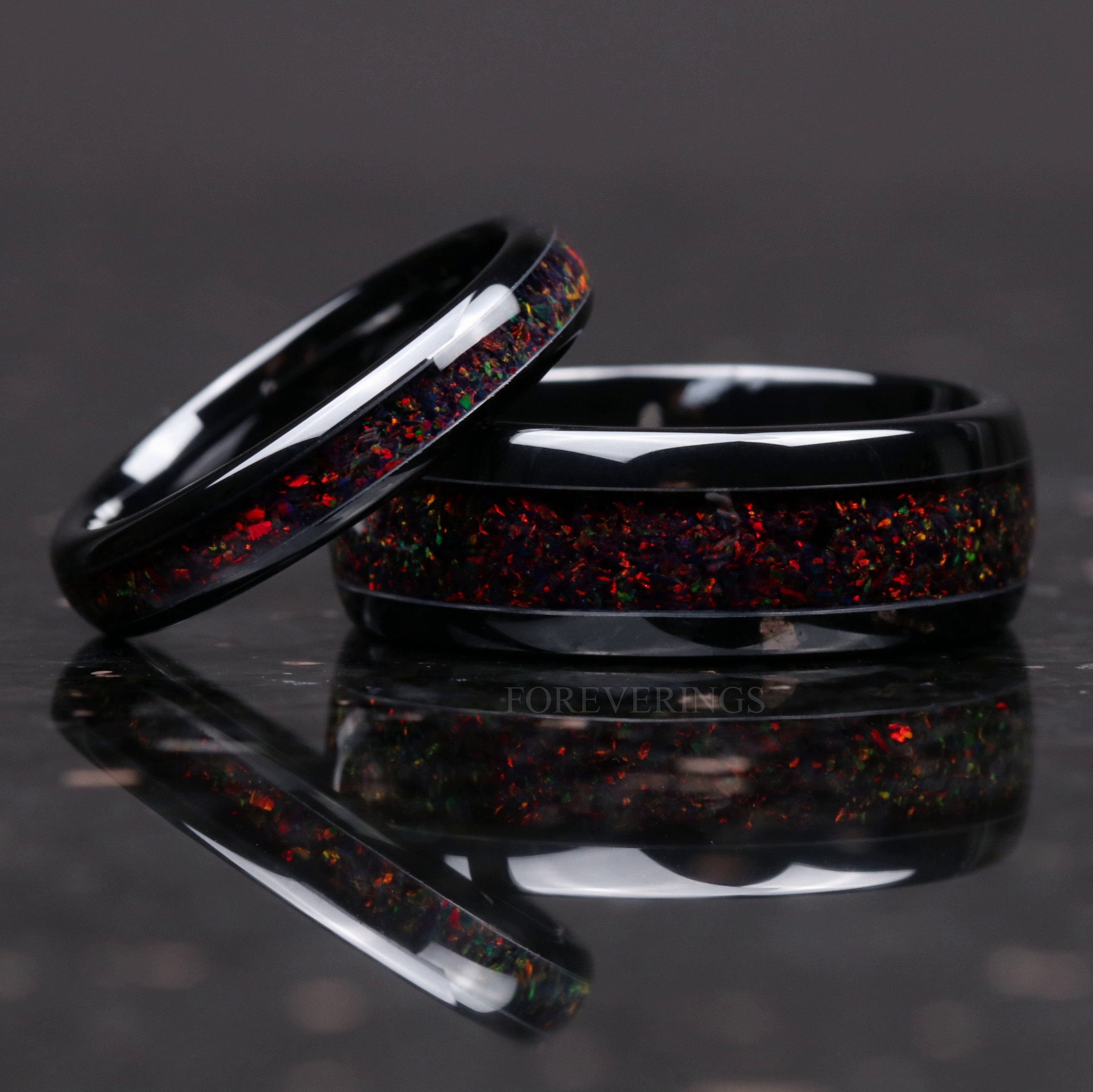 His & Hers Wedding Ring Set- Black Ceramic Ring Set with Green Fire Opal & Glowstone Inlay - 8mm & 6mm Rings - Sizes 5-13 - Orth Custom Rings