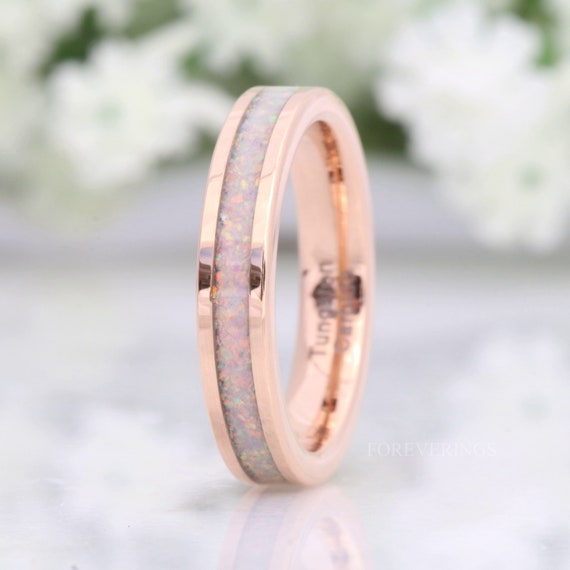 White Fire Opal Ring, Rose Gold Wedding Band, 4mm Ring, Polished