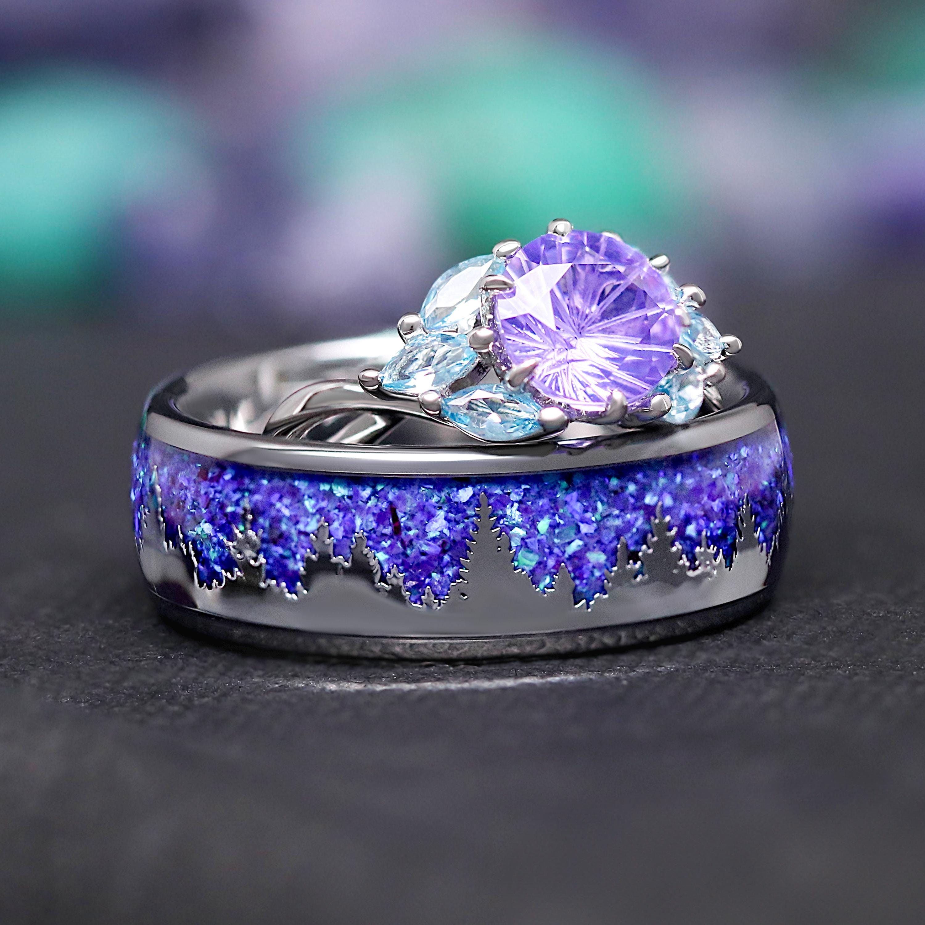 Borealis Couples Ring Set – Matching Nature Wedding Band, Amethyst