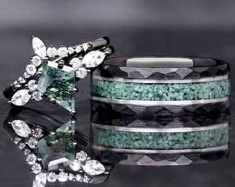 Green Moss Agate Ring Set, His and Hers Wedding Band, Black Ring Set, Matching Nature Couples Ring, Black Plated Tungsten and 925 Silver