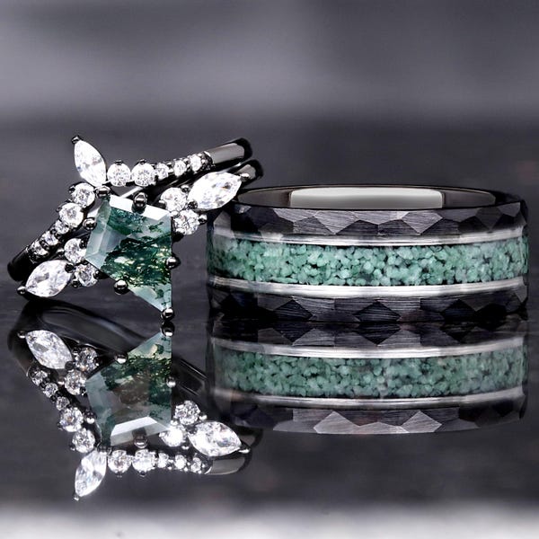 Green Moss Agate Ring Set, His and Hers Wedding Band, Black Ring Set, Matching Nature Couples Ring, Black Plated Tungsten and 925 Silver