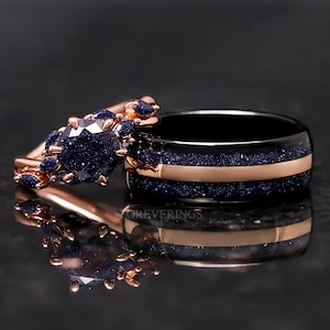 Nesta Starry Night Engagement Ring Set for Couples, Great Rift Nebula, Rose Gold Sandstone, His & Her Space Wedding Ring Set, Promise Ring