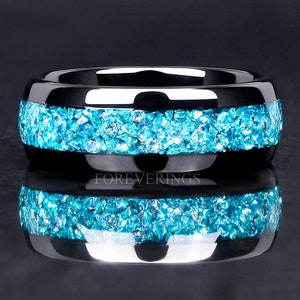 Mens Aquamarine Black Band, 8mm Tungsten Wedding Band, 8mm Width Ring, Polished, Dome, Comfort Fit, Unique Ring