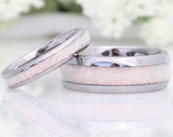 His and Hers Tungsten Wedding Band, Crushed White Fire Opal Ring, 8mm & 4mm Silver Ring Set, Couples Ring, Polish, Dome, Comfort Fit