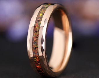 Red Fire Opal Ring, 6mm Rose Gold Mens Wedding Band, Faceted Edge, Centered Crushed Opal Inlay, Unique Promise Ring for Him, Polished Finish