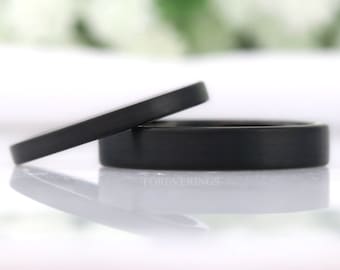 Dünner Matter schwarzer Ring, flacher Ehering, 2 mm 4 mm Herren Damen Ehering, einfacher Wolframring, dünner individuell gravierter Ring