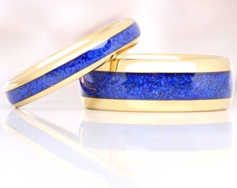 Gold Lapis Lazuli Ring Set, His and Hers Wedding Band, 8mm & 4mm Gold Tungsten Ring Set, Matching Couples Ring, Gold and Blue Lapis Ring