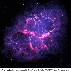 May include: A vibrant, purple and pink nebula, known as the Crab Nebula, is captured in this image. The nebula is a cloud of gas and dust that was created by the explosion of a star. The image was taken by the Herschel Space Observatory.