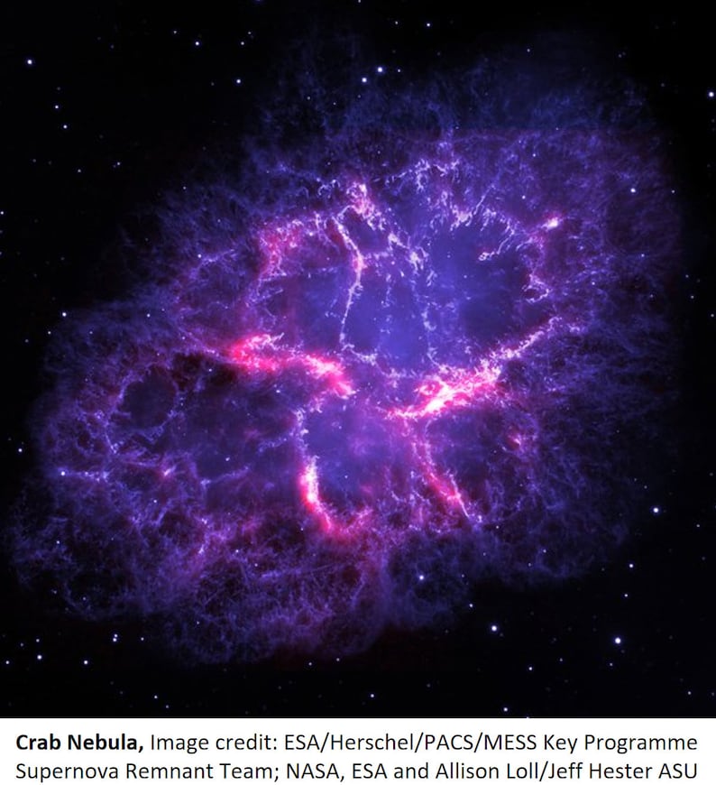 May include: A vibrant, purple and pink nebula, known as the Crab Nebula, is captured in this image. The nebula is a cloud of gas and dust that was created by the explosion of a star. The image was taken by the Herschel Space Observatory.
