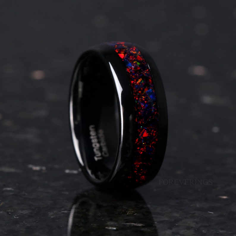 8mm-6mm Black Fire Opal Ring, Black Tungsten Ring, Men Wedding Band, Crushed Black Opal, Polished, Dome, Comfort Fit, Unique Ring 