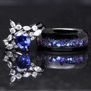 Orion Nebula Ring Set, His and Hers Wedding Band, Black Sapphire Engagement Ring, Outer Space Couples Ring, Matching Promise Rings, Engrave