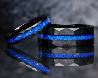 Blue Opal Ring Set, His Her Wedding Band, Black Tungsten Ring