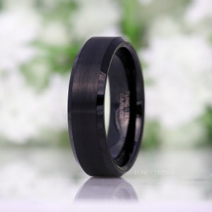 His and Hers Tungsten Wedding Band Set, 4mm, 6mm, Black Ring, Mens Womens Ring, Comfort Fit, Matte, Couples Ring, Beveled image 7
