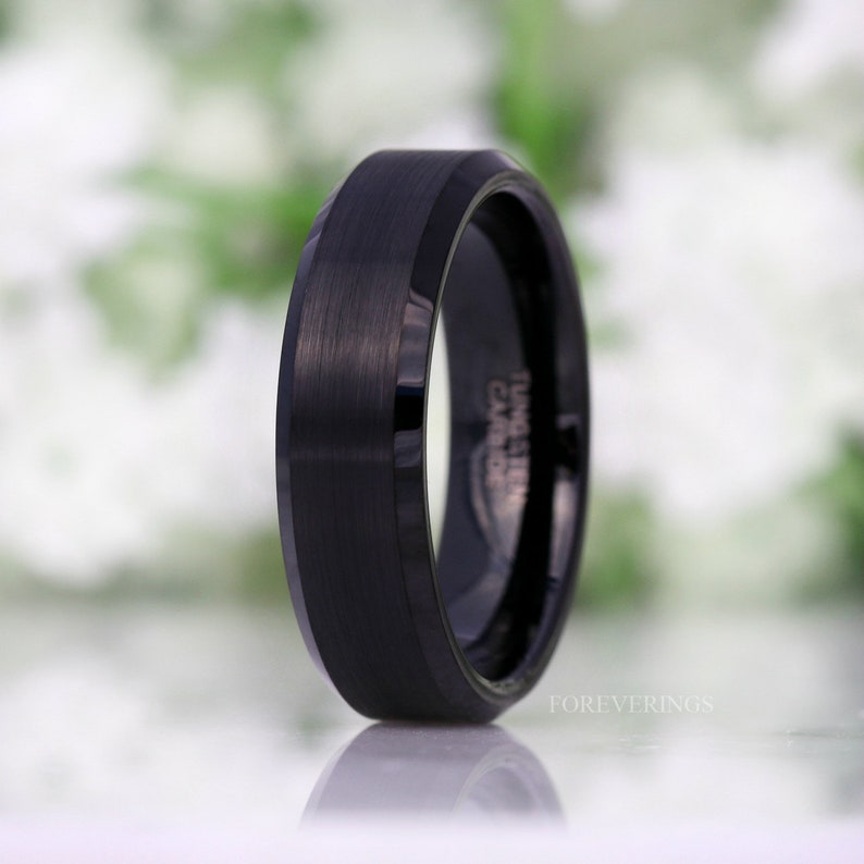 His and Hers Tungsten Wedding Band Set, 4mm, 6mm, Black Ring, Mens Womens Ring, Comfort Fit, Matte, Couples Ring, Beveled image 7
