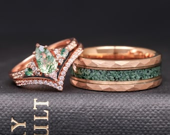 Lumiere Moss Agat Ringset - Unika förlovnings- och vigselringar i roséguld, Hans och hennes naturinspirerade 925 silverlöfteringar för par