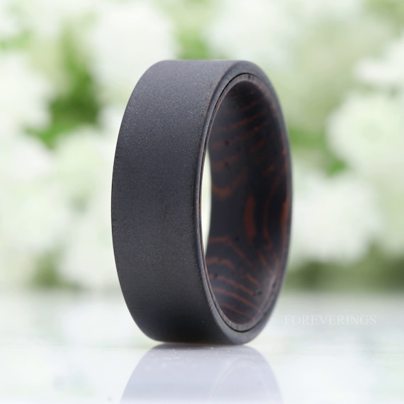 Wenge Wood and Tungsten Ring, Mens Wedding Band, Dark Wood Ring