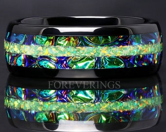 Rhaegal Green Fire Opal Tungsten Wedding Band, Man Dichrolam Ring, Promise Ring, Man Black Ring, Unique Color Change Band for Him, Engraving