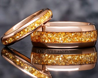 His and Hers Citrine Rose Gold Tungsten Wedding Band, Ring Set, 8mm & 4mm Matching Couples Ring, Citrine Glass Stones, Dome, Polish, Engrave