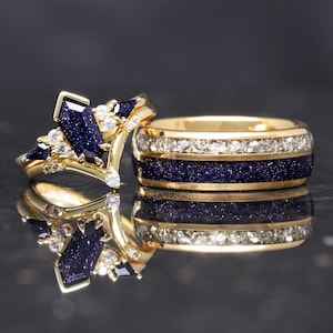 Rift Nebula His Hers Wedding Ring Set, Starry Night, Personalized Gold Ring, Sandstone, Kite Coffin, Engagement Ring Set, Unique Couple Ring