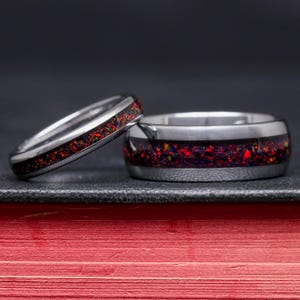 Black Opal Ring Set, His and Her Wedding Band, Black Fire Opal Ring Set, Silver Tungsten Ring, Polish, Dome, Matching Couple Ring, Engraving