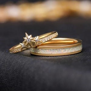 Starburst Gold Opal Band & Stacking Star Ring Set, Unique Wedding Band ...