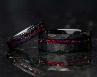 His and Hers Tungsten Wedding Band Set, Crushed Black Fire Opal, 8mm & 4mm Black Tungsten Rings, Hammer, Flat, Matte Brushed, Comfort Fit