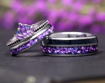 Amethyst Lotus Couples Ring Set – His & Hers Matching Wedding Rings, Natural Amethyst, Crab Nebula Cosmic Engagement Ring Set, Promise Set