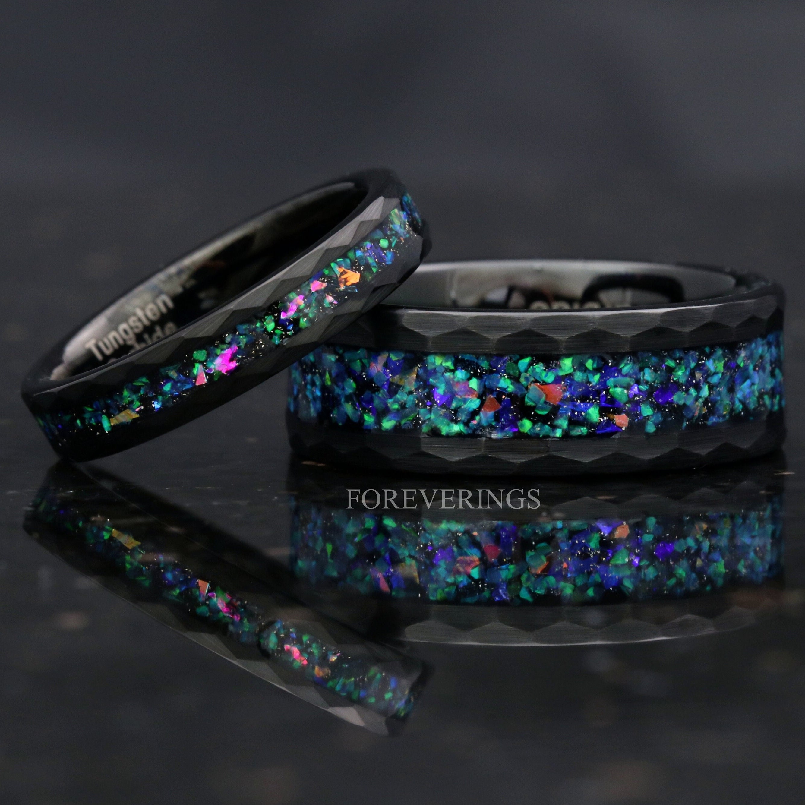 His and Hers Tungsten Wedding Band, Galaxy Opal, 8mm & 4mm Black