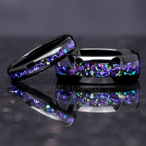 His and Her Ghost Nebula Ring Set, Couple Wedding Band, Galaxy Ring Set, Sapphire, 8mm & 4mm Black Tungsten Ring Set, Dome Polish, Engraving