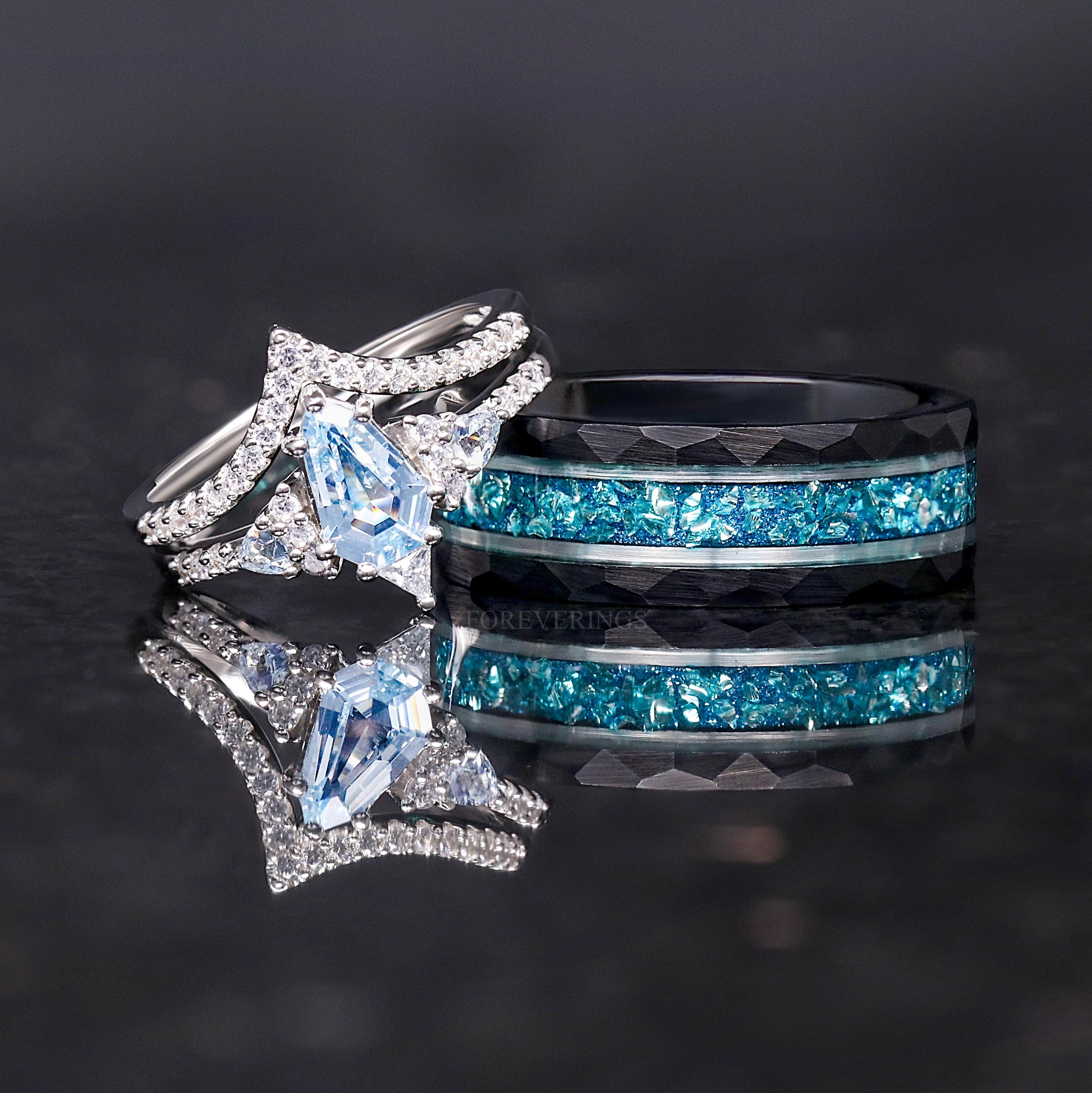 Aquamarine Couple Ring Set, His and Her Wedding Ring Set, Matching