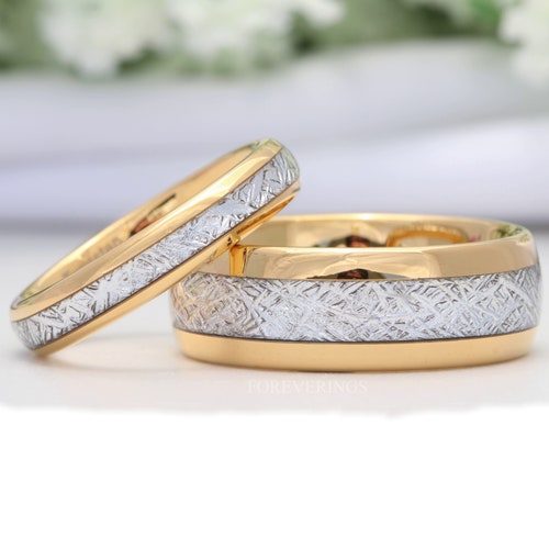 His and Hers Tungsten Wedding Band Set, White Meteorite Inlay, 8mm-4mm shops Yellow Gold Tungsten Rings, Comfort Fit, Polished, Dome, Couples Ring