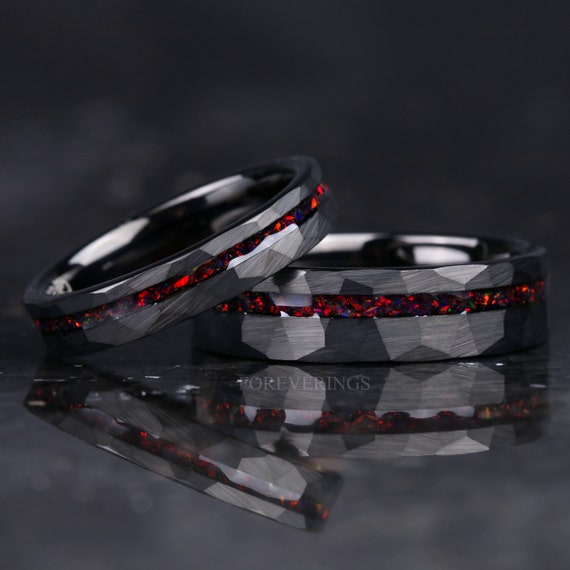 His and Hers Tungsten Wedding Band Set, Crushed Black Fire Opal