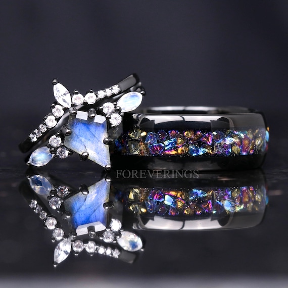 His and Hers Natural Labradorite Wedding Ring Set, Galaxy
