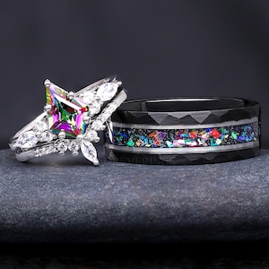 His and Her Mystic Topaz Galaxy Ring Set, Cass Supernova, Match Engagement Ring Set, Unique Couple Ring, Alternative Wedding Ring, Engraving