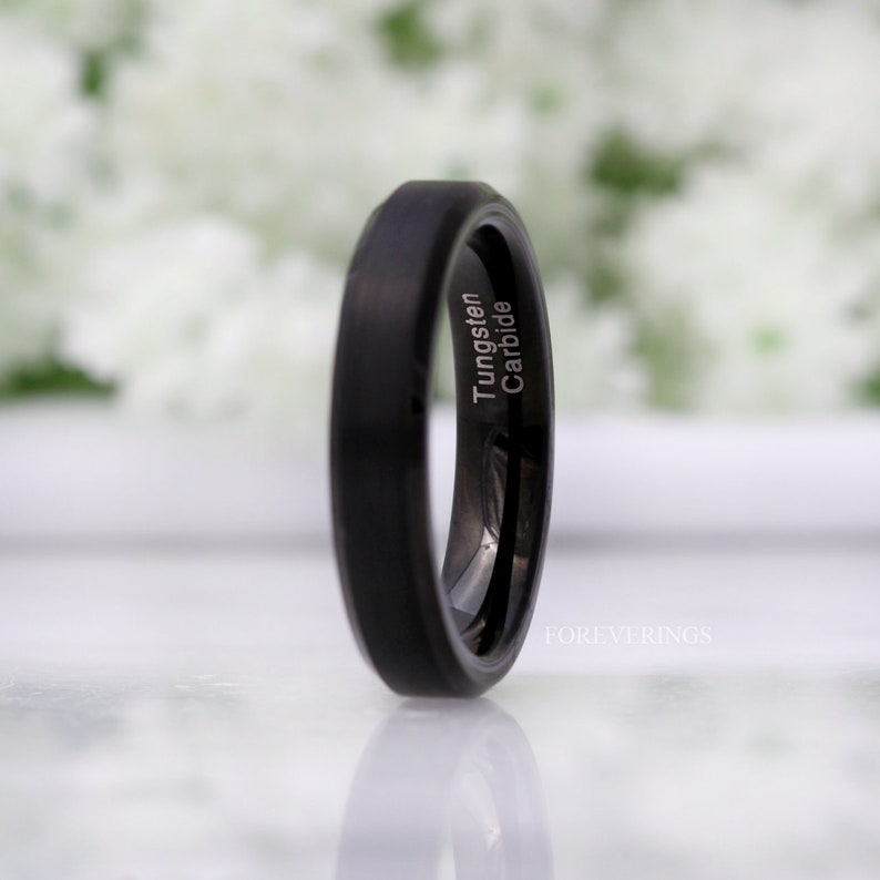 His and Hers Tungsten Wedding Band Set, 4mm, 6mm, Black Ring, Mens Womens Ring, Comfort Fit, Matte, Couples Ring, Beveled image 5