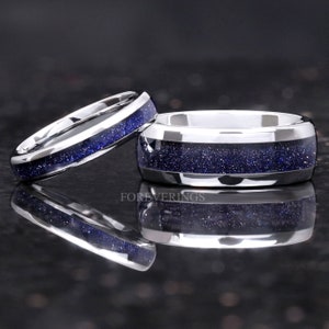 Great Rift Nebula Ring Set, His and Hers Tungsten Wedding Band, 8mm & 4mm Silver Ring, Outer Space Couples Ring, Polish, Dome, Sandstone