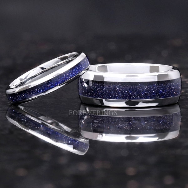 Great Rift Nebula Ring Set, His and Hers Tungsten Wedding Band, 8mm & 4mm Silver Ring, Outer Space Couples Ring, Polish, Dome, Sandstone