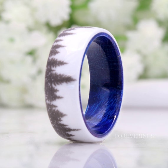 8mm 6mm White Ceramic Ring With Blue Elder Wood Mens Wedding Band