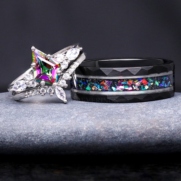 His and Her Mystic Topaz Galaxy Ring Set, Cass Supernova, Match Engagement Ring Set, Unique Couple Ring, Alternative Wedding Ring, Engraving