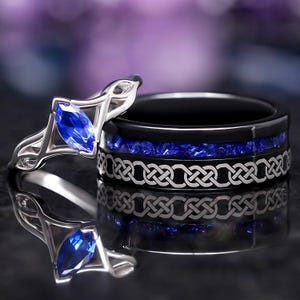 Celtic Knot Couples Ring Set – His and Hers Black & Blue Sapphire Wedding Bands, 925 Silver and Tungsten Promise Rings, Unique Matching Ring