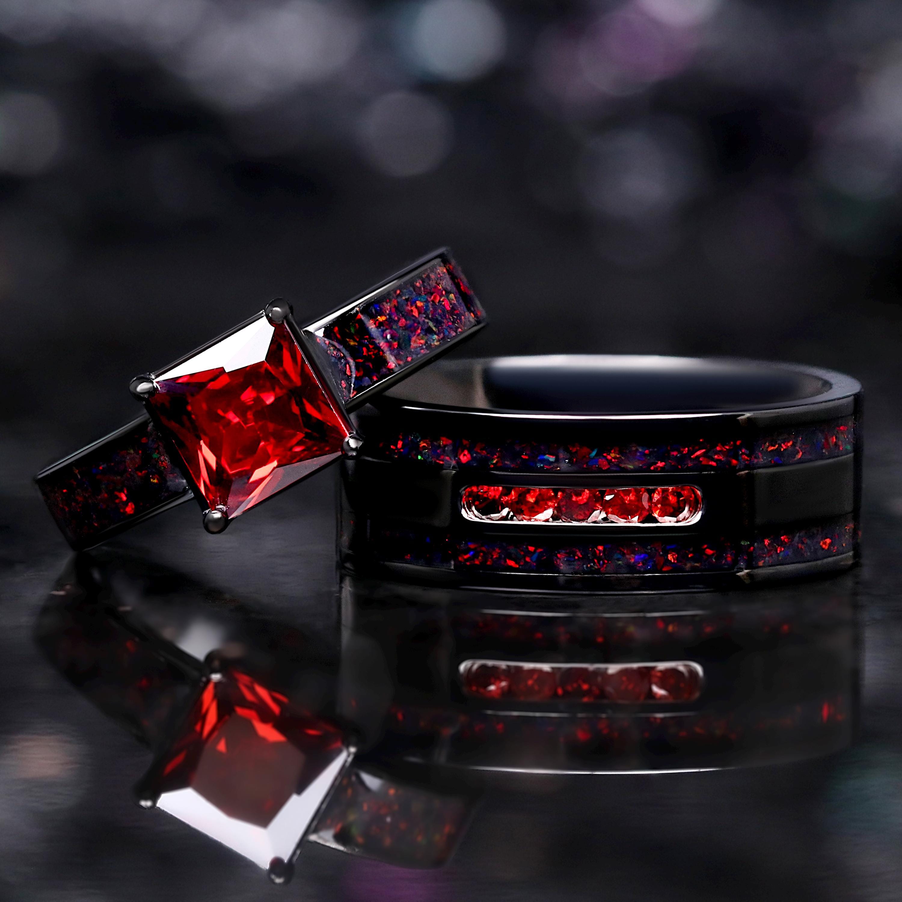 Enla Black Fire Opal & Garnet Wedding Ring Set for Couples - His